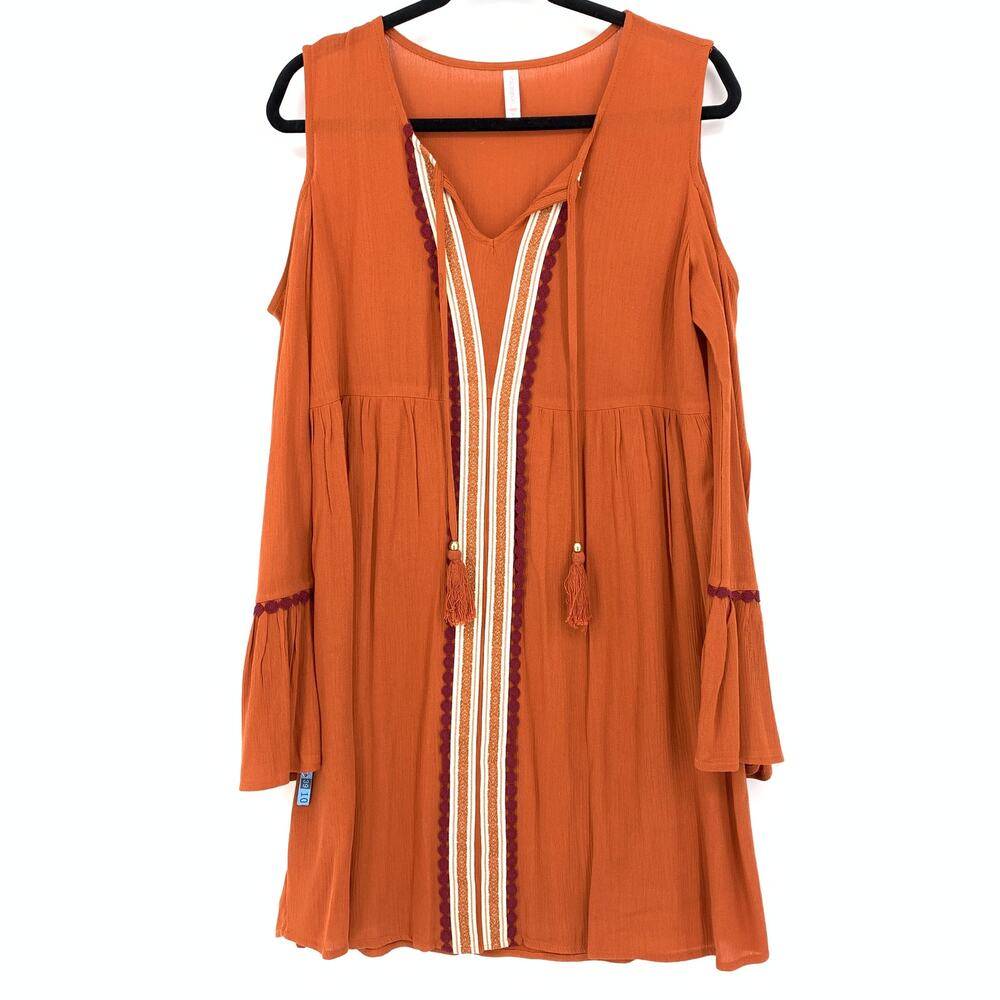 Xhilaration Dress Women's Sz M Cold Shoulder Bell Sleeve Orange Stripe Front